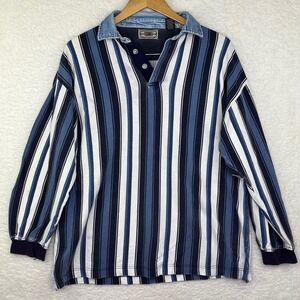 Vintage County Seat Mens Blue Striped Rugby Shirt Denim Collar Long Sleeve M 90s